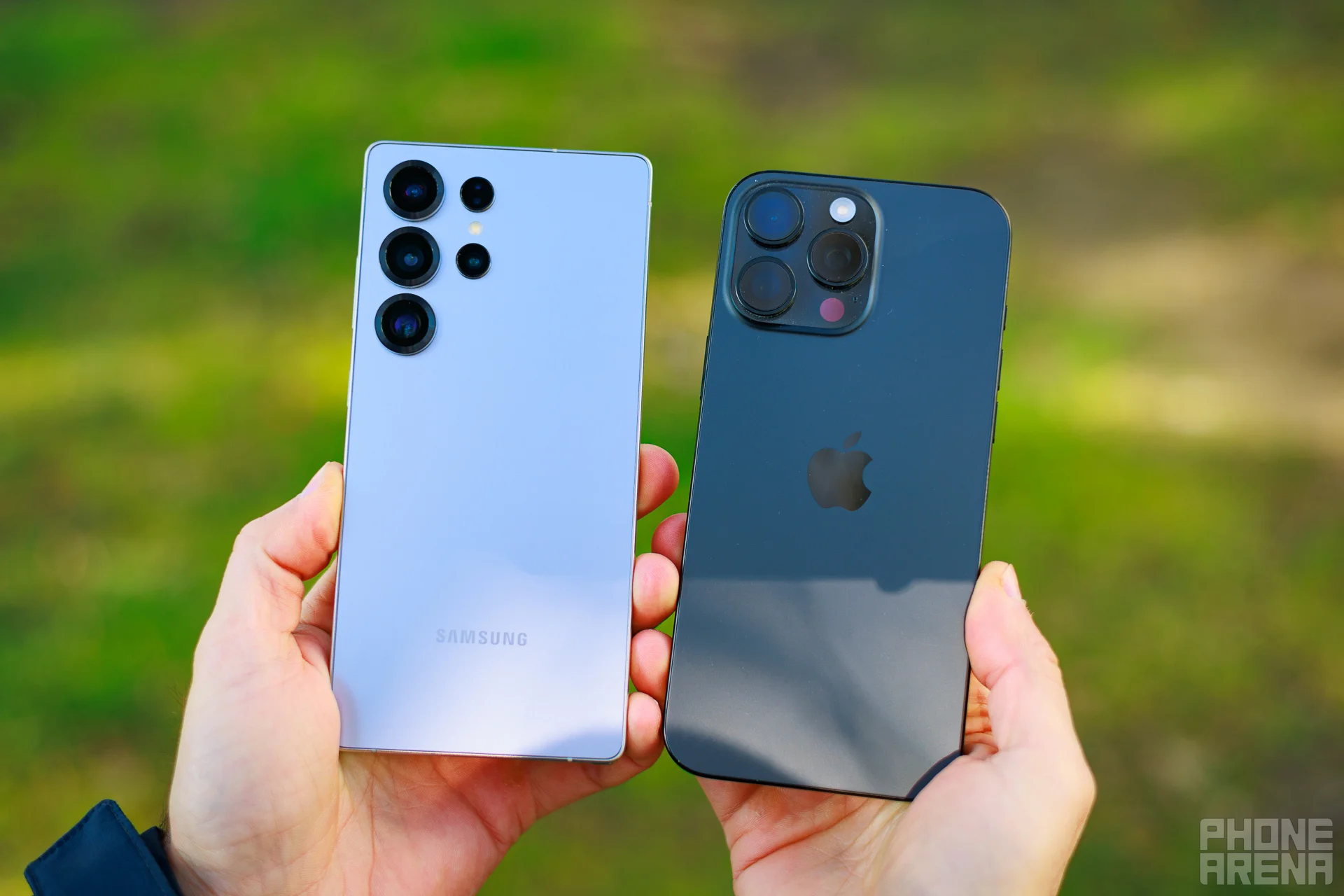 Samsung Galaxy S25 Ultra vs iPhone 16 Pro Max with a strong focus on design, performance, and camera AI